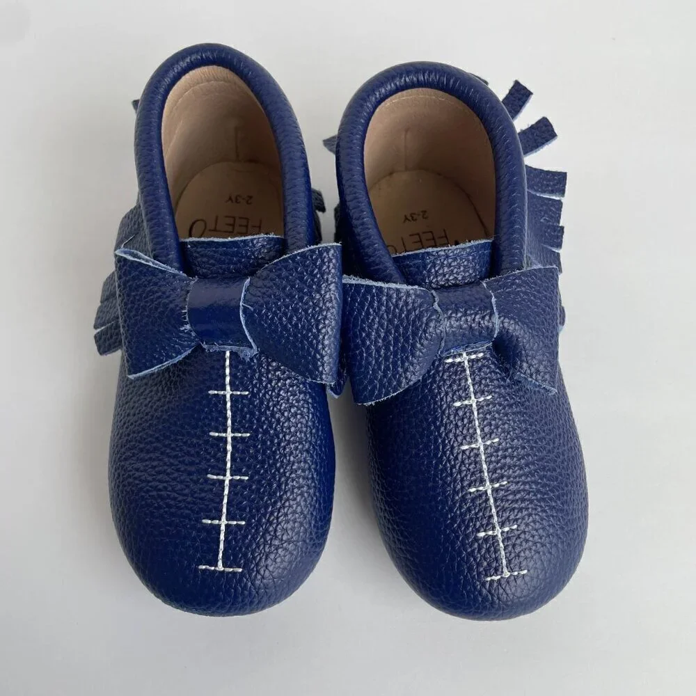 NEW Monkey Feet Leather Blue Bow Moccasin Style Sandals Shoes - Size 2-3 Years